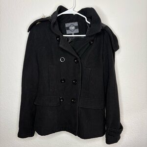 Black Double-Breasted Wool Blend Peacoat